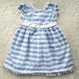 Hartstrings 3T Blue White Stripe Dress Pleated Hem Linen Blend Cute